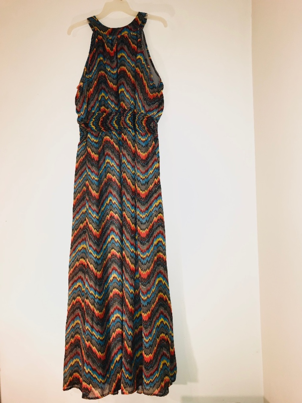 Dots Vintage 2X Maxi Dress Geometric Print Red Blue Yellow Gray Sheer Overlay